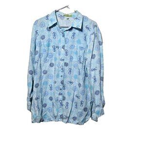 Sigrid Olsen Blouse Sz L Linen Button Down Blue Ocean Seahorse Boho Beach Womens
